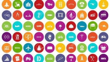 100 engineering icons set in different colors circle isolated vector illustration