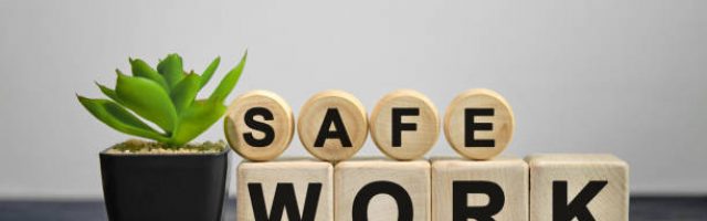 SAFE WORK - text on wooden cubes, green plant in black pot on a wooden background