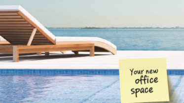 UNA MACA SOBRE BORDE DE PISCINA CON VISTAS AL MAR